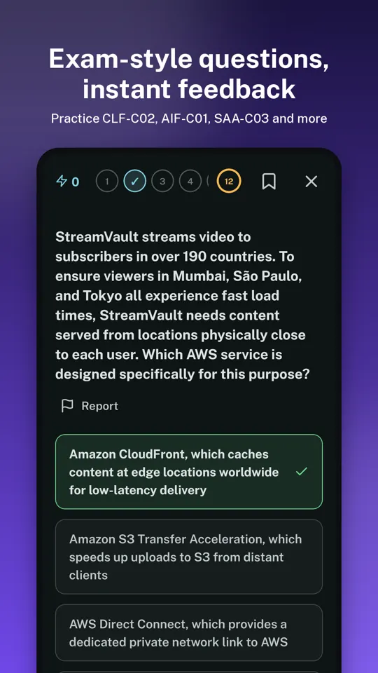 Practice question screen with instant feedback on the correct AWS service